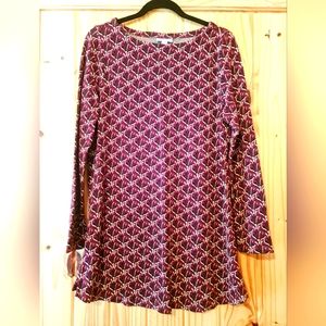 J. Jill Pullover Knit Top Tunic Slash Neck Burgundy Blk Abstract Print EUC M
